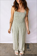 Green smocked bodice square neck sleeveless floral jumpsuit - jumpsuits & rompers