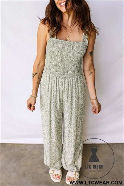 Green smocked bodice square neck sleeveless floral jumpsuit - jumpsuits & rompers