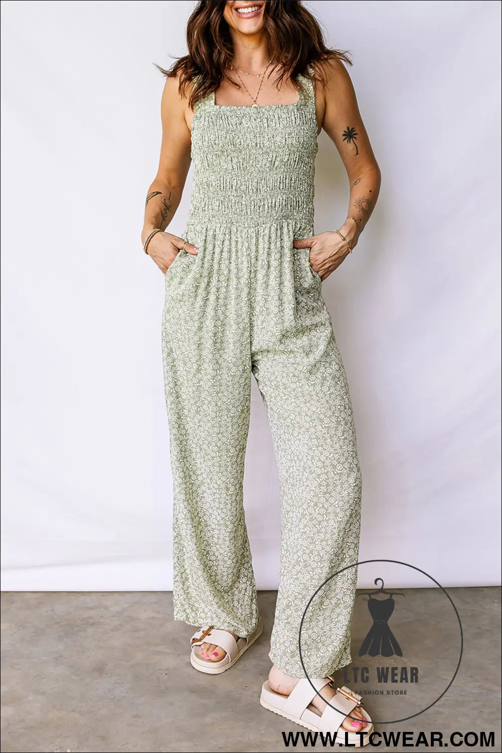 Green smocked bodice square neck sleeveless floral jumpsuit - green / l / 100% viscose - jumpsuits & rompers