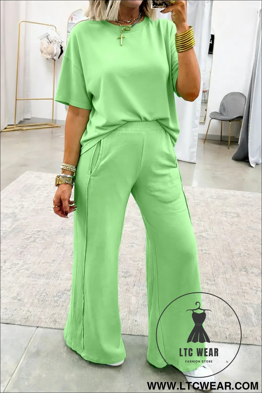 Green solid cover oversize tee pocketed casual pants 2pcs outfit - green / l / 80% cotton + 20% polyester - pant sets