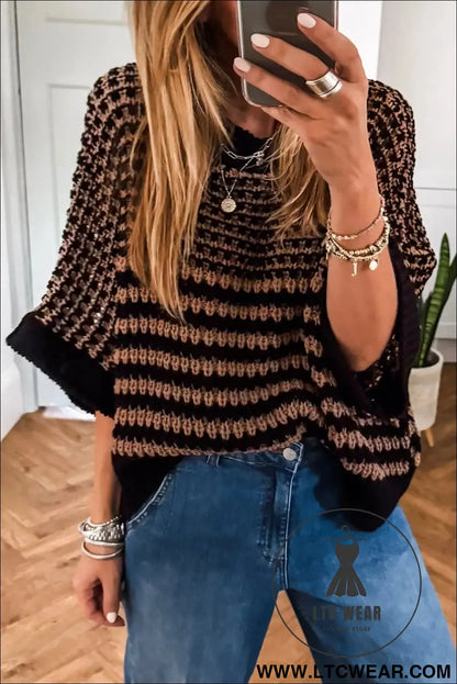 Green stripe 3/4 draped sleeve slouchy sweater - black stripe / l / 100% acrylic - short sleeve sweaters