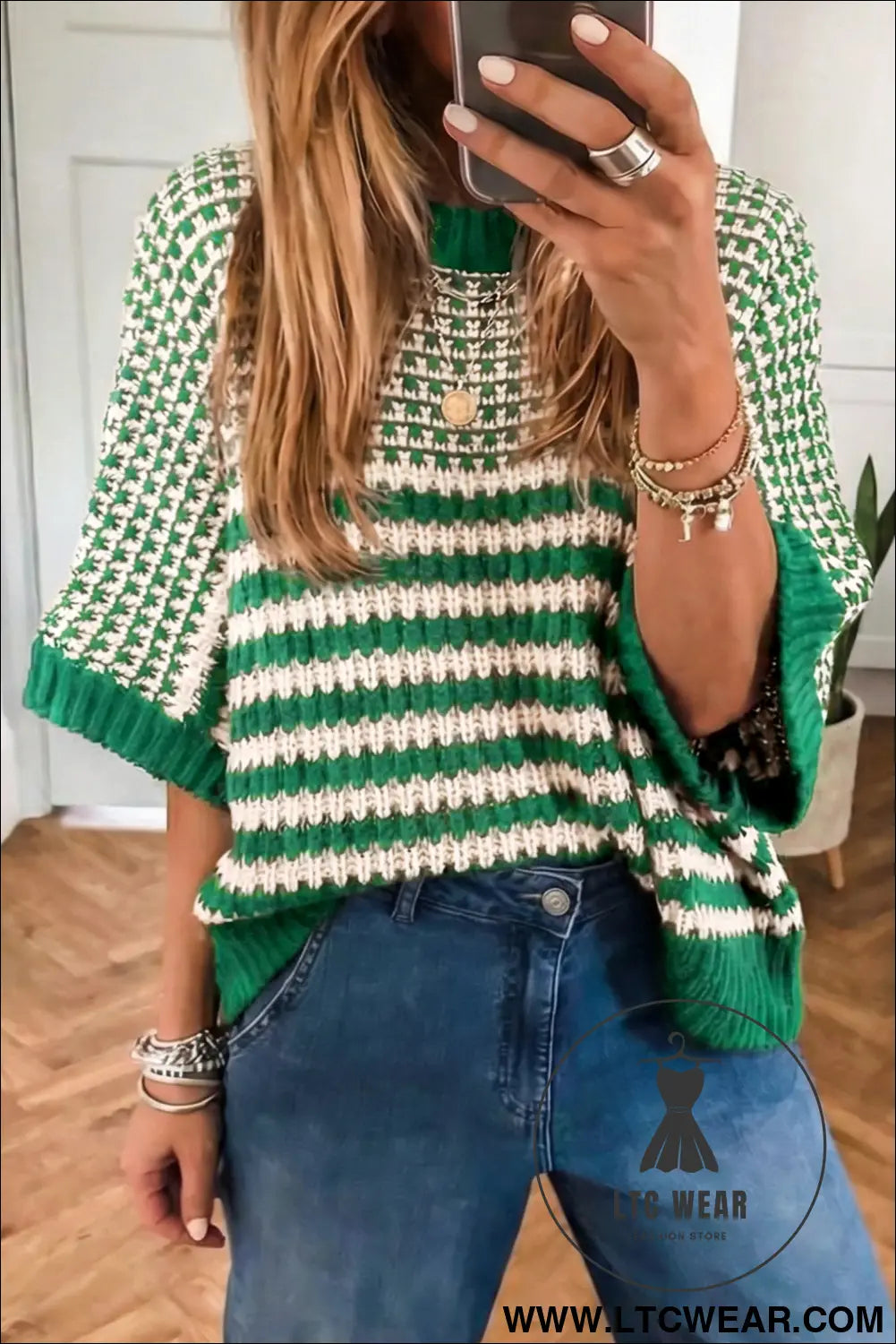Green stripe 3/4 draped sleeve slouchy sweater - green stripe / l / 100% acrylic - short sleeve sweaters