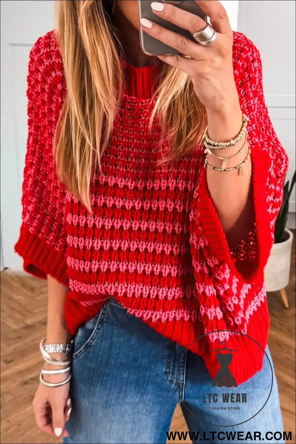 Green stripe 3/4 draped sleeve slouchy sweater - red stripe / l / 100% acrylic - short sleeve sweaters