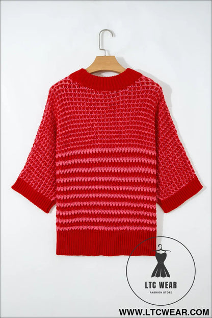 Green stripe 3/4 draped sleeve slouchy sweater - short sleeve sweaters