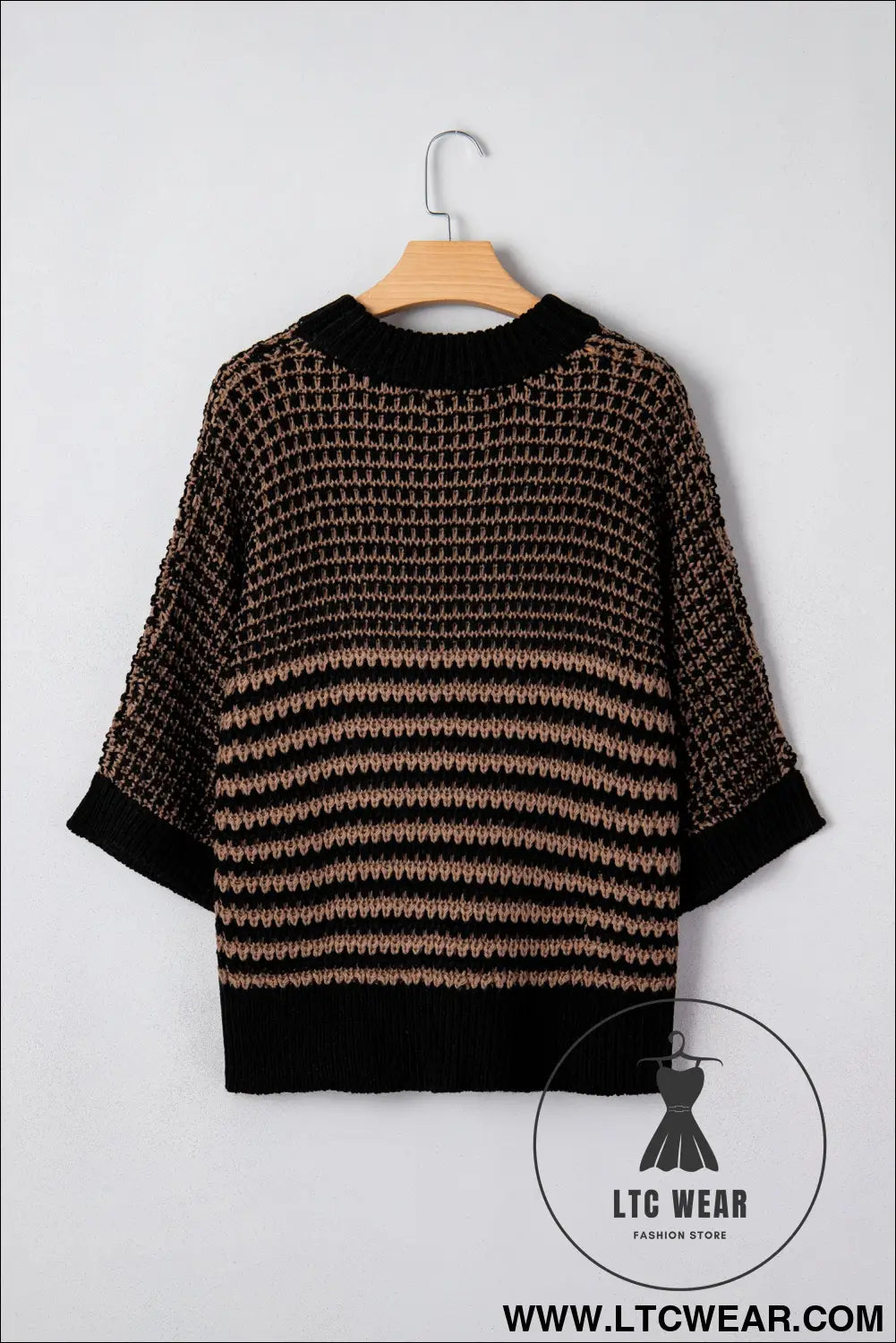 Green stripe 3/4 draped sleeve slouchy sweater - short sleeve sweaters