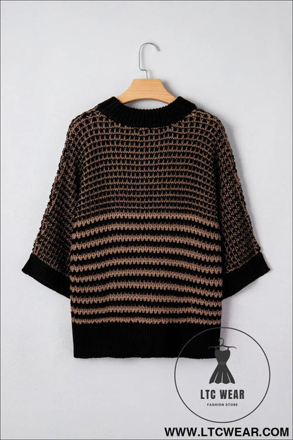 Green stripe 3/4 draped sleeve slouchy sweater - short sleeve sweaters