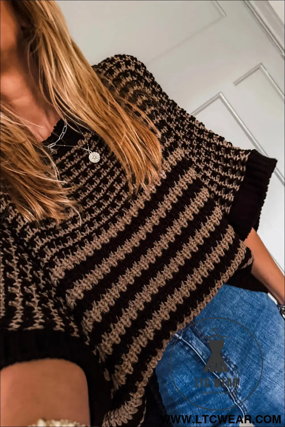 Green stripe 3/4 draped sleeve slouchy sweater - short sleeve sweaters