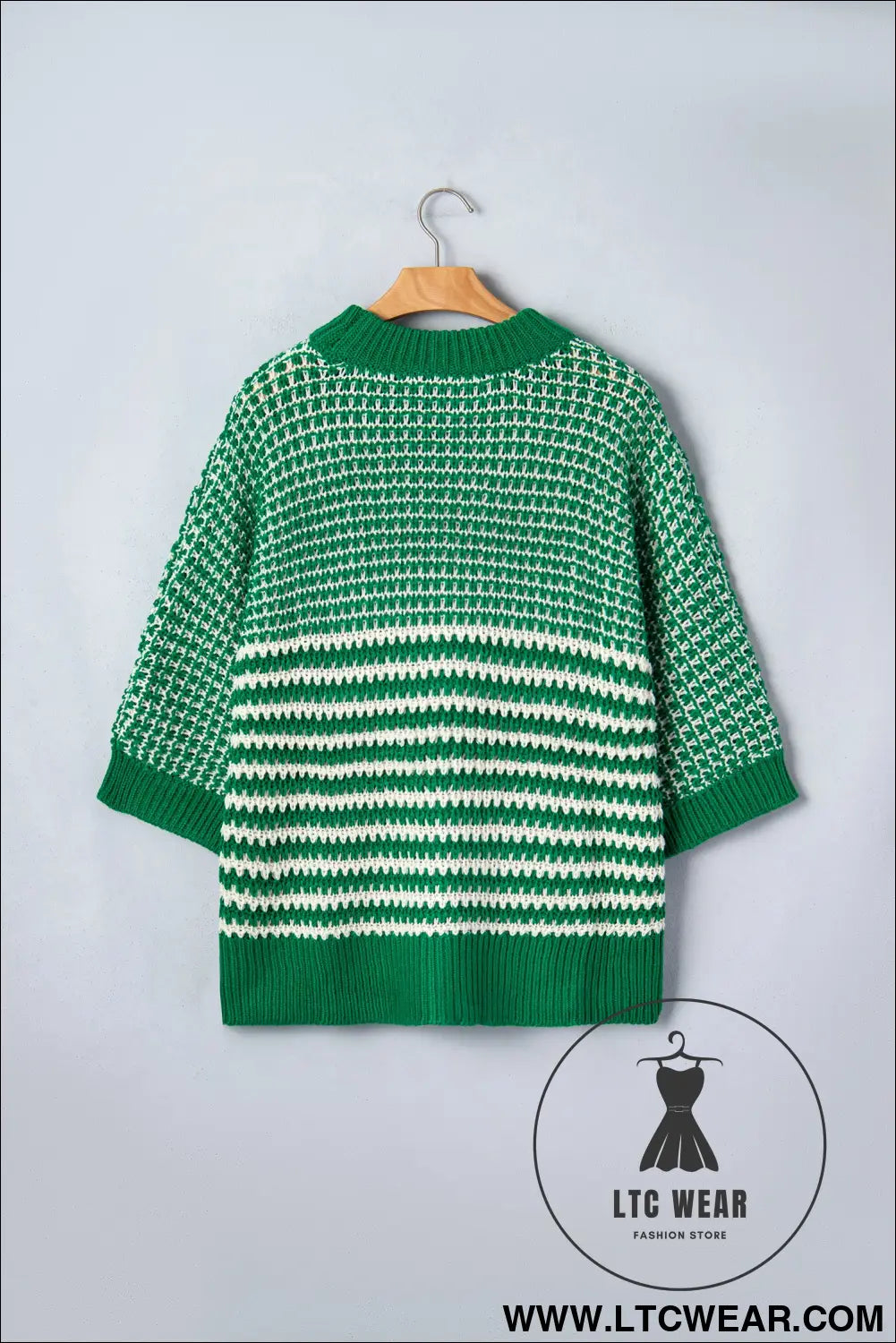 Green stripe 3/4 draped sleeve slouchy sweater - short sleeve sweaters