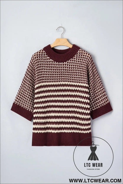 Green stripe 3/4 draped sleeve slouchy sweater - short sleeve sweaters