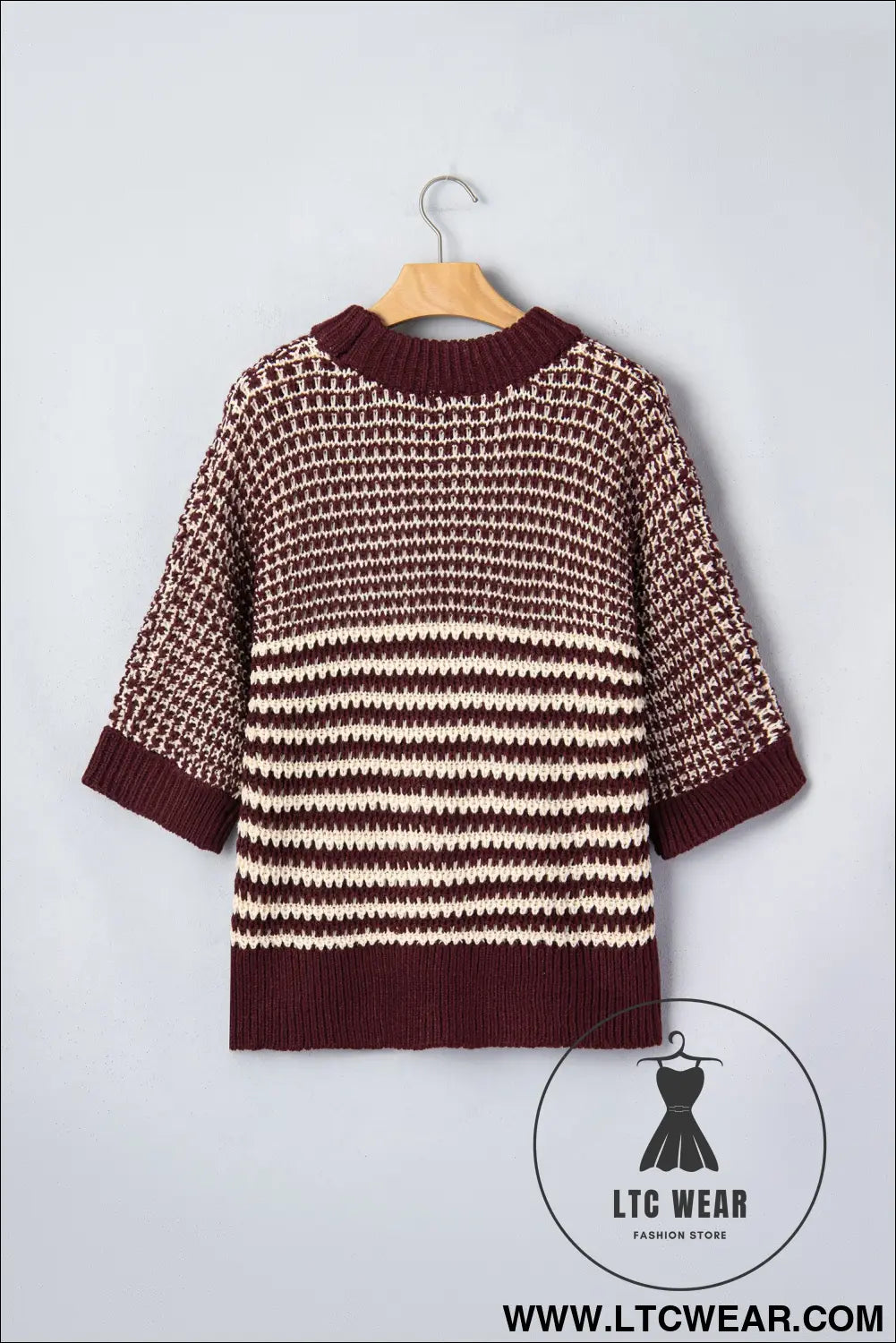 Green stripe 3/4 draped sleeve slouchy sweater - short sleeve sweaters