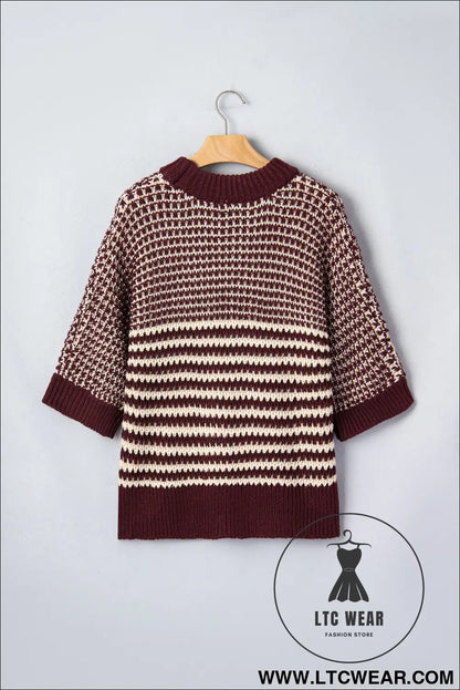 Green stripe 3/4 draped sleeve slouchy sweater - short sleeve sweaters