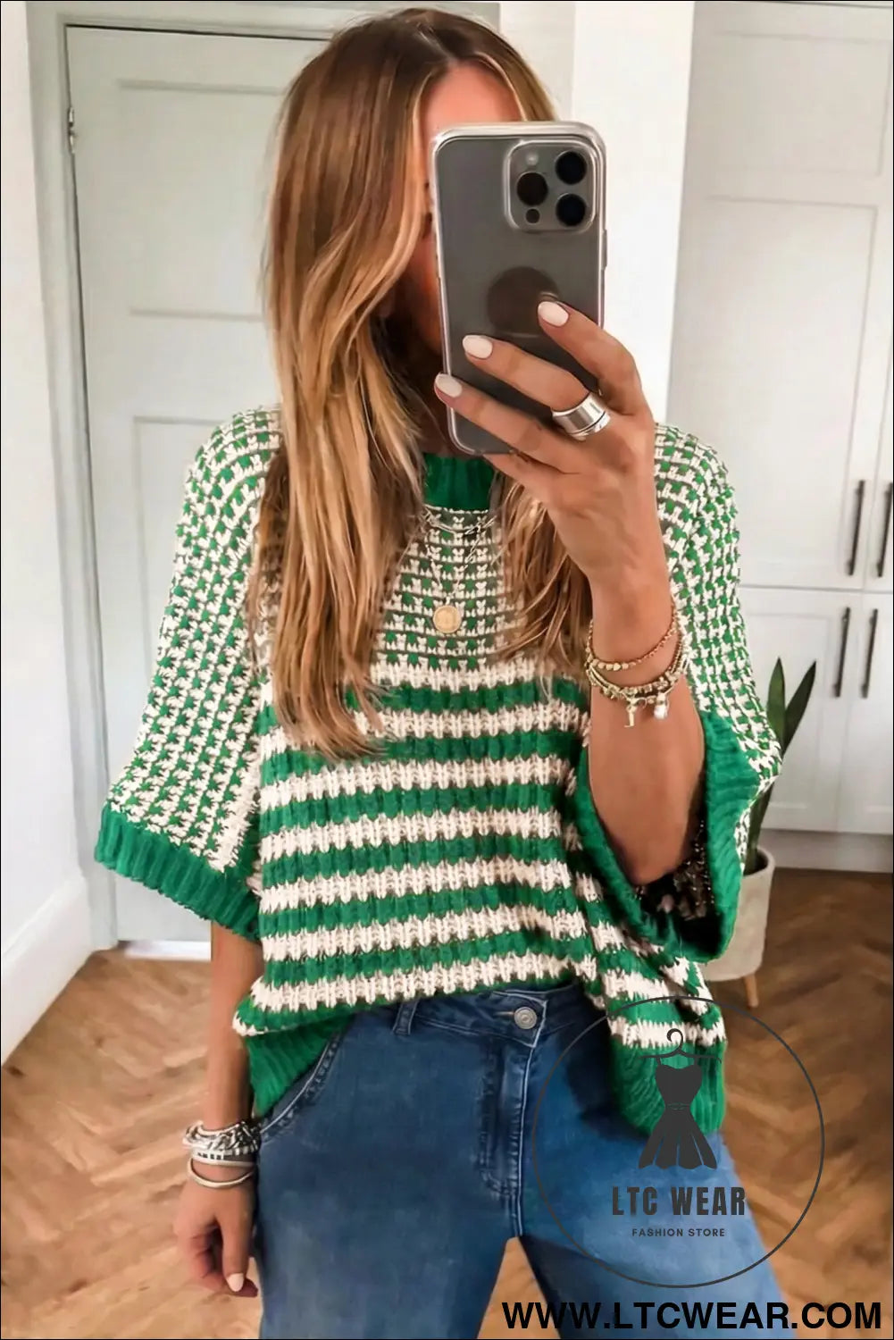 Green stripe 3/4 draped sleeve slouchy sweater - short sleeve sweaters