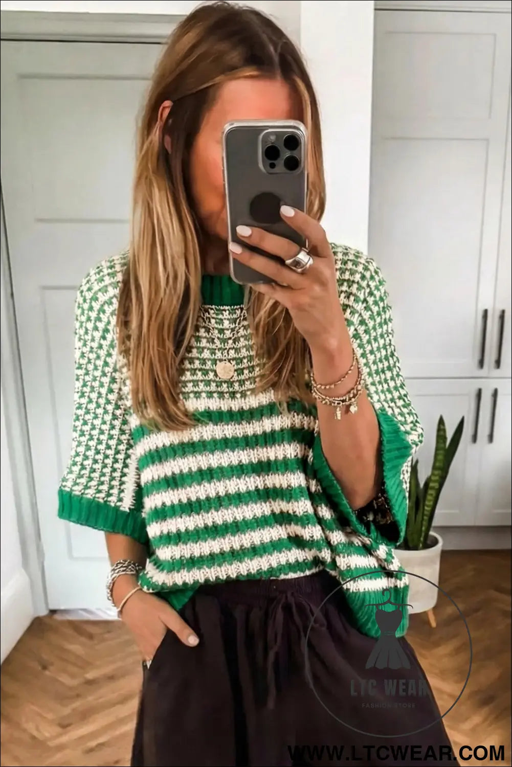 Green stripe 3/4 draped sleeve slouchy sweater - short sleeve sweaters