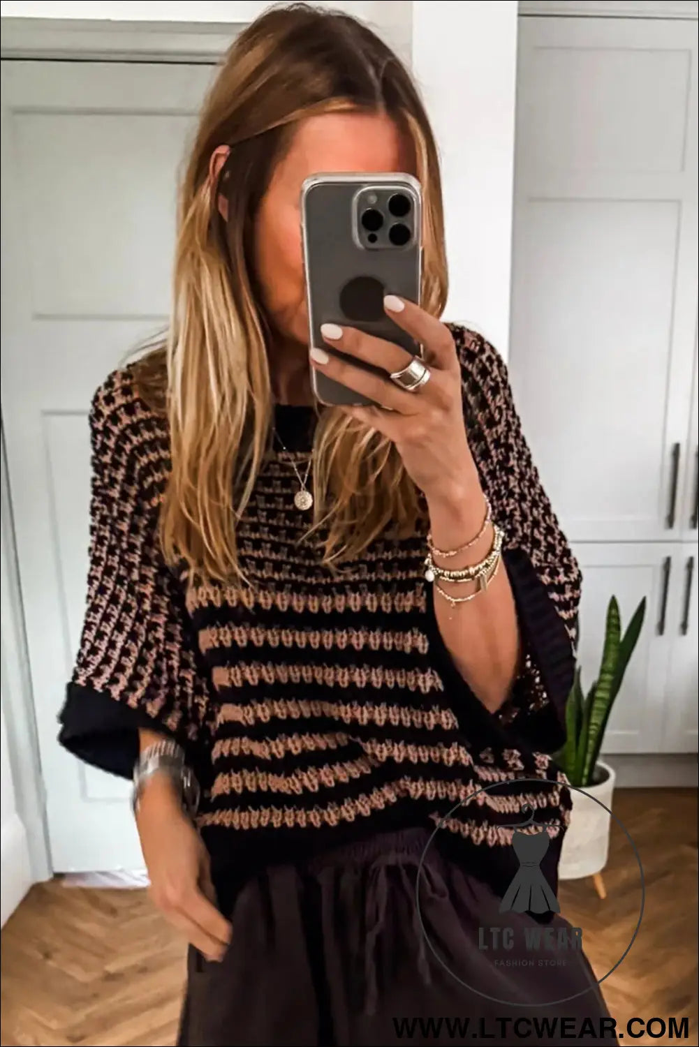 Green stripe 3/4 draped sleeve slouchy sweater - short sleeve sweaters