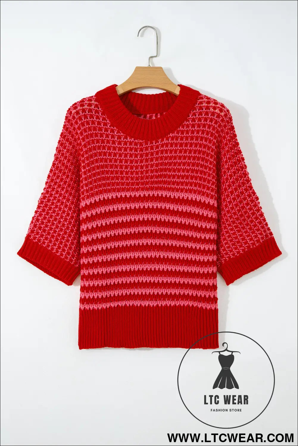 Green stripe 3/4 draped sleeve slouchy sweater - short sleeve sweaters