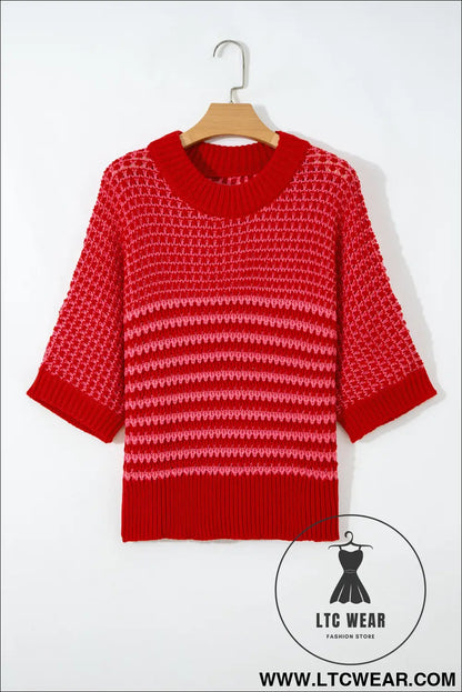 Green stripe 3/4 draped sleeve slouchy sweater - short sleeve sweaters