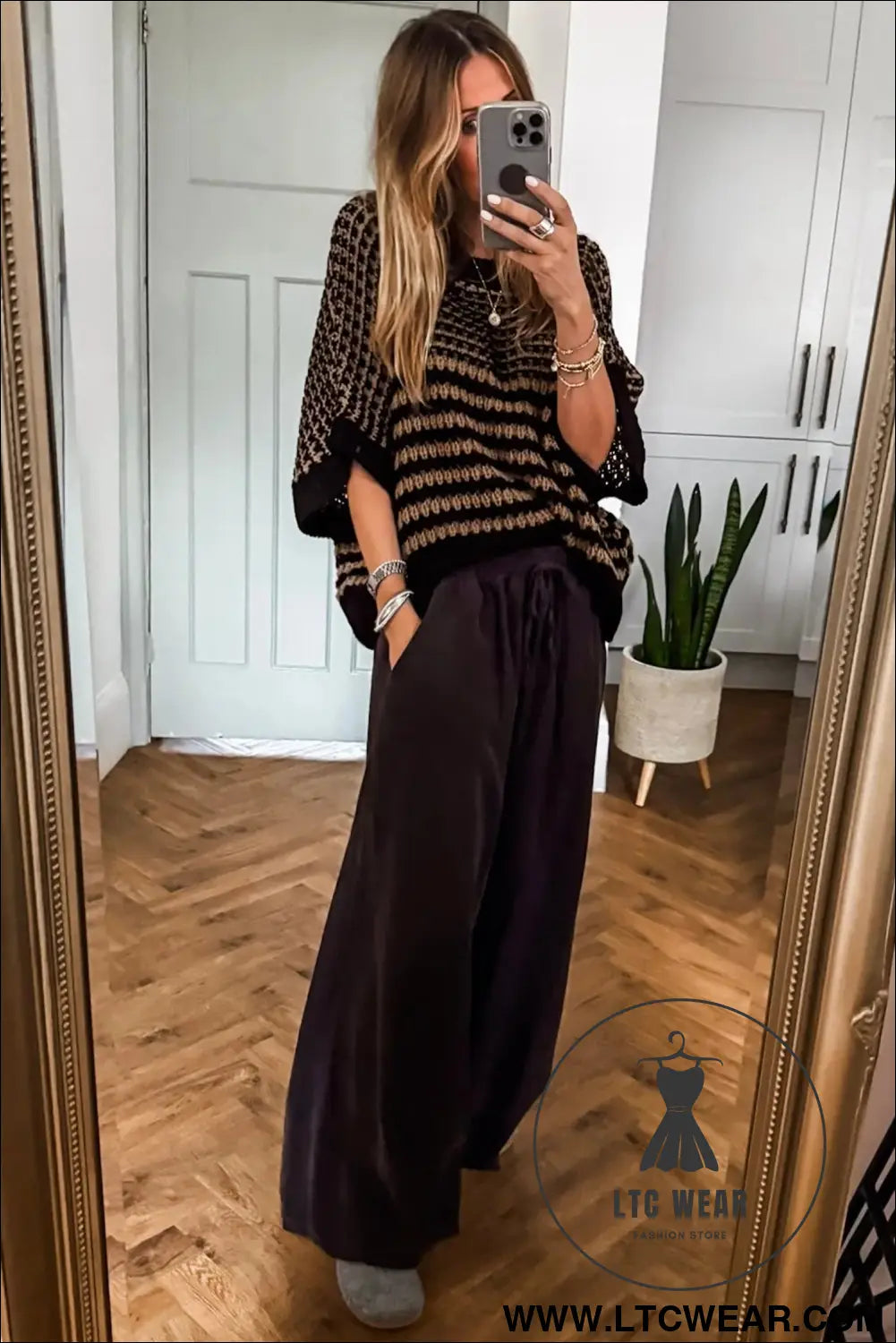 Green stripe 3/4 draped sleeve slouchy sweater - short sleeve sweaters