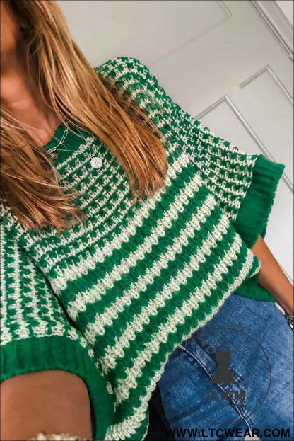 Green stripe 3/4 draped sleeve slouchy sweater - short sleeve sweaters