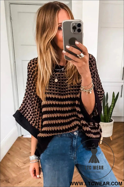Green stripe 3/4 draped sleeve slouchy sweater - short sleeve sweaters