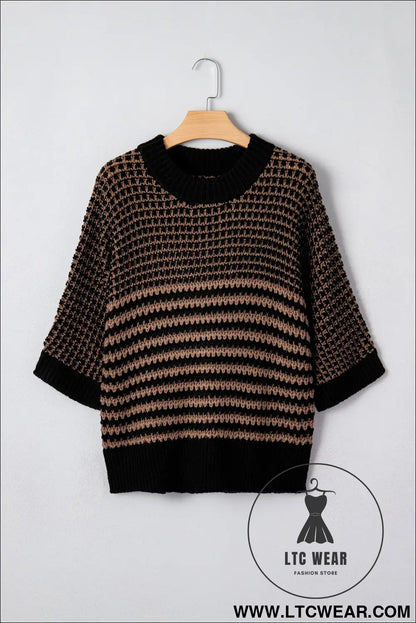 Green stripe 3/4 draped sleeve slouchy sweater - short sleeve sweaters