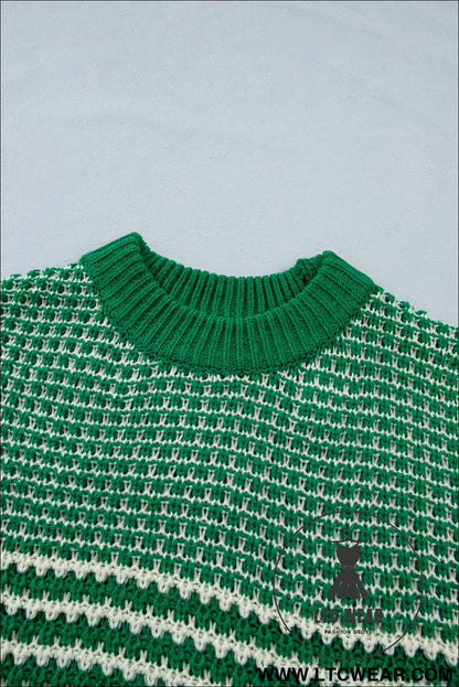 Green stripe 3/4 draped sleeve slouchy sweater - short sleeve sweaters