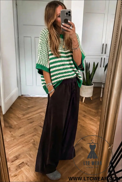 Green stripe 3/4 draped sleeve slouchy sweater - short sleeve sweaters