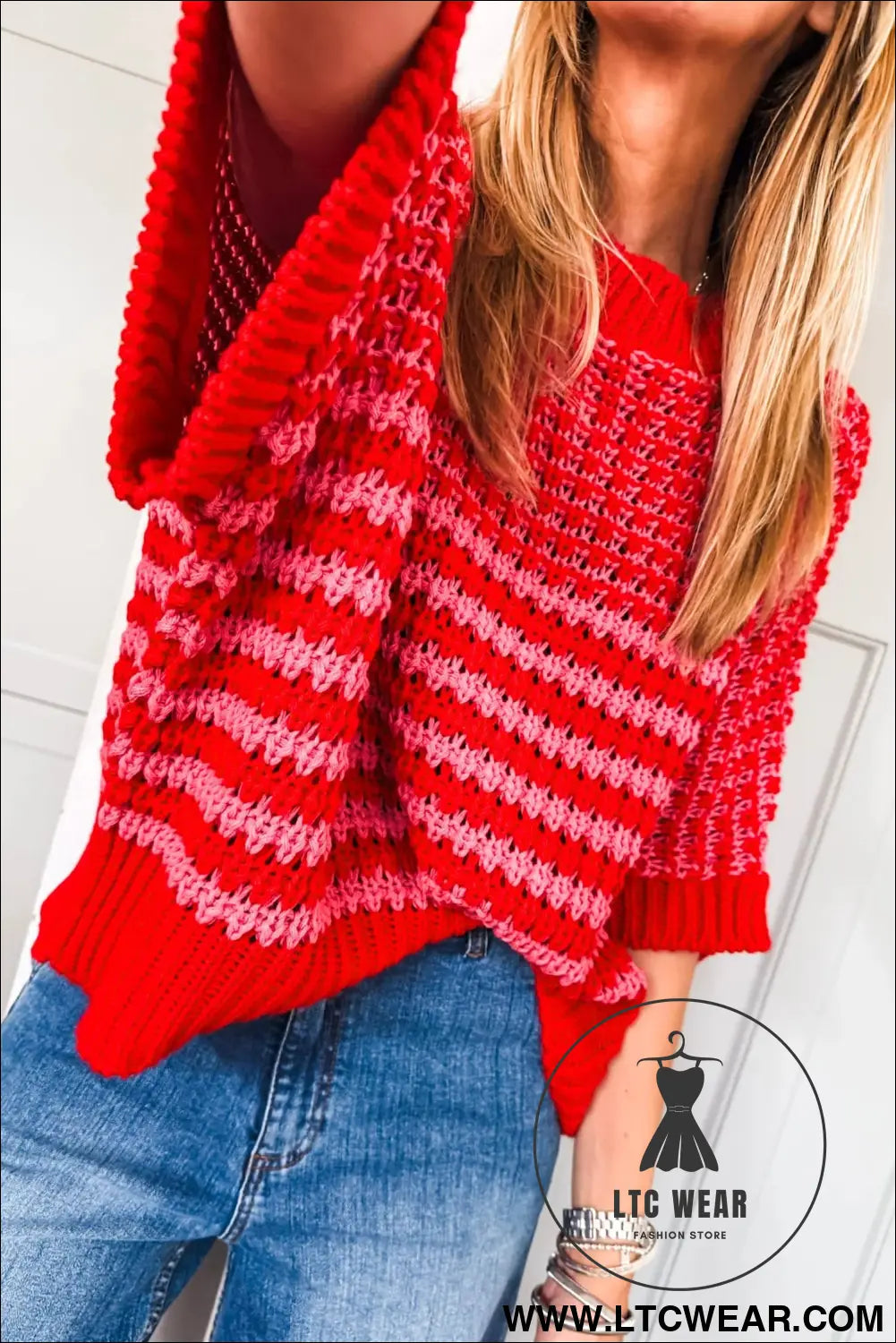 Green stripe 3/4 draped sleeve slouchy sweater - short sleeve sweaters