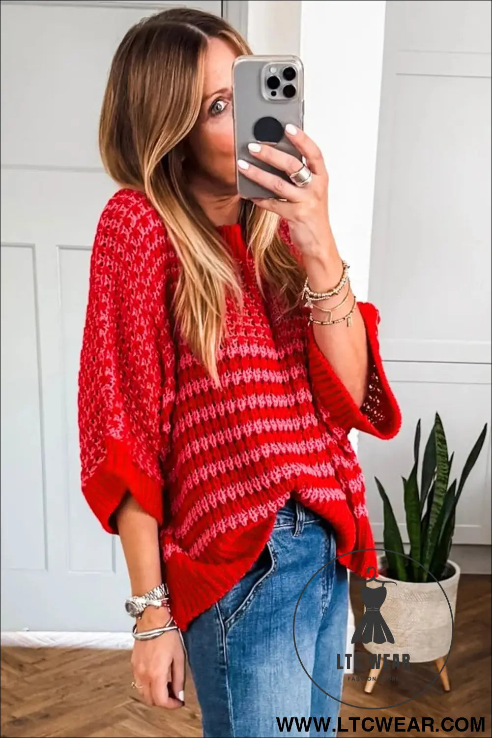 Green stripe 3/4 draped sleeve slouchy sweater - short sleeve sweaters