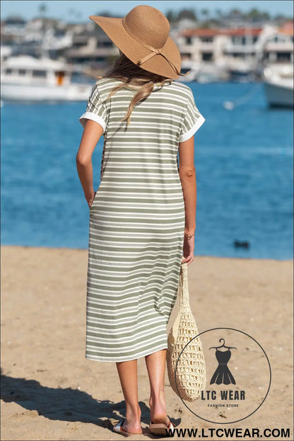 Green stripe collared v neck short sleeve t shirt midi dress with pockets - 30%