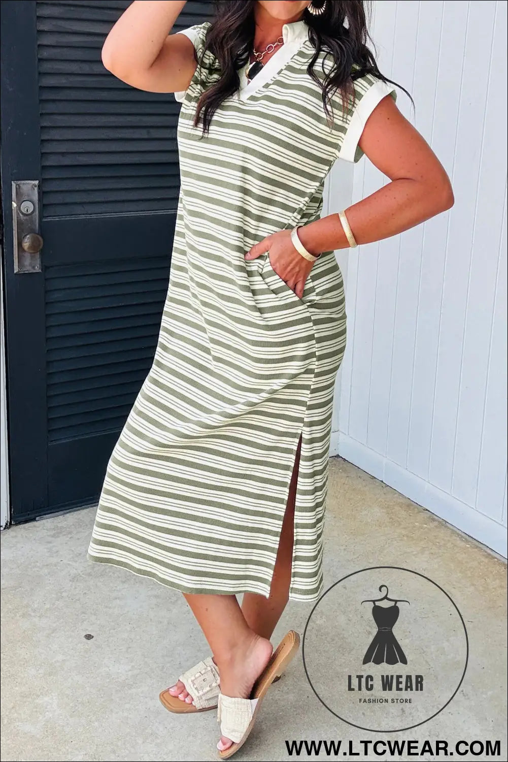 Green stripe collared v neck short sleeve t shirt midi dress with pockets - 30%