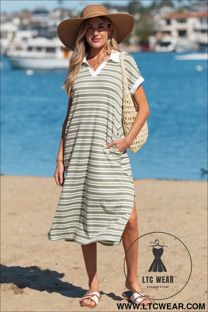 Green stripe collared v neck short sleeve t shirt midi dress with pockets - 30%