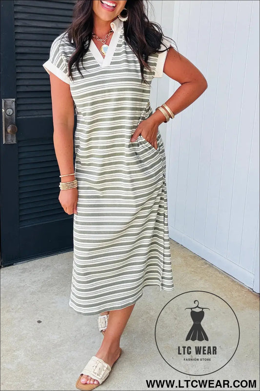 Green stripe collared v neck short sleeve t shirt midi dress with pockets - green stripe / l / 95% polyester + 5%