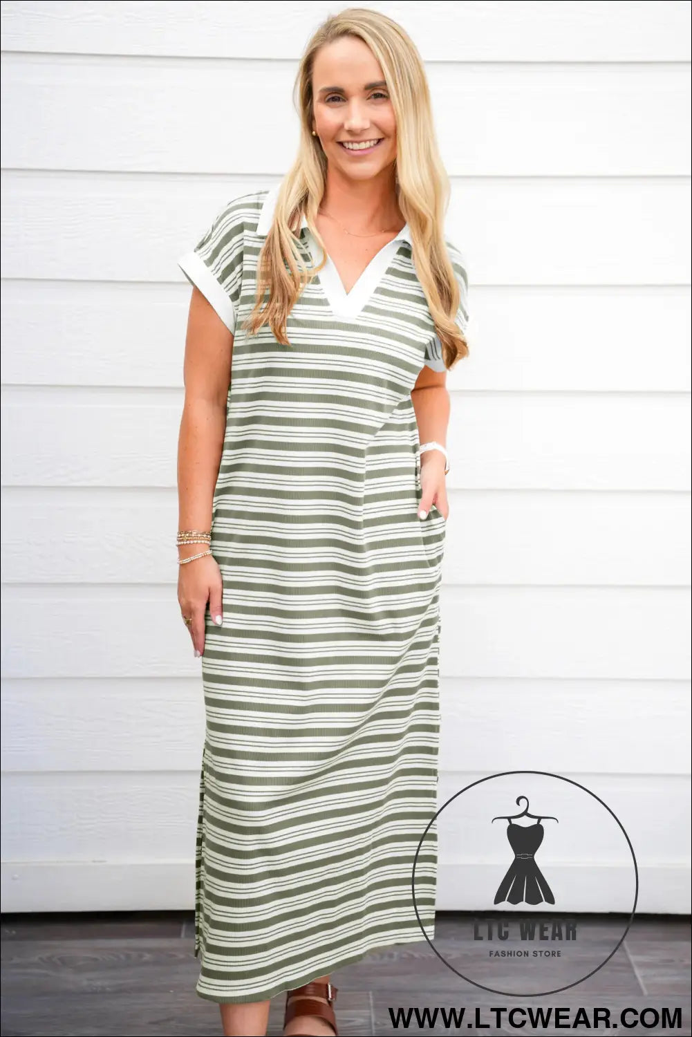 Green stripe collared v neck short sleeve t shirt midi dress with pockets - 30%