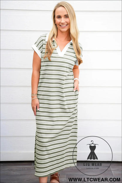 Green stripe collared v neck short sleeve t shirt midi dress with pockets - 30%