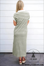 Green stripe collared v neck short sleeve t shirt midi dress with pockets - 30%