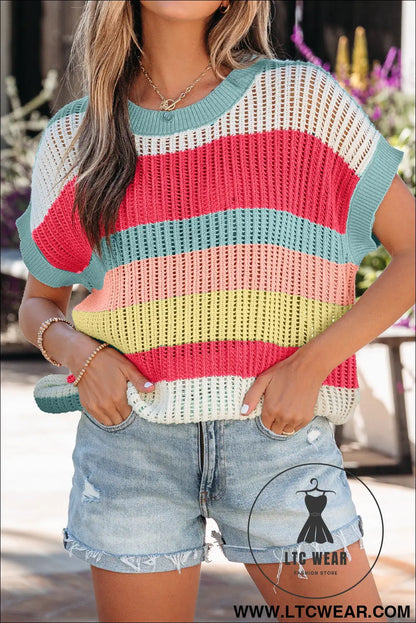 Green Stripe Color Block Hollow Out Knit Short Sleeve Sweater - L.T.C Wear Online Fashion Store
