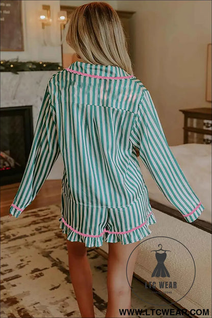 Green Stripe Contrast Ricrac Trim Long Sleeve Shirt Drawstring Ruffled Pajama Short Set
