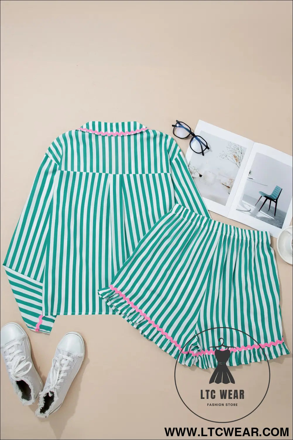 Green Stripe Contrast Ricrac Trim Long Sleeve Shirt Drawstring Ruffled Pajama Short Set - L.T.C Wear Online Fashion Store