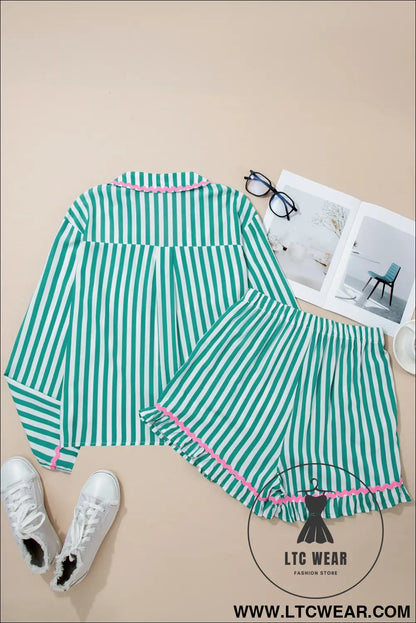 Green Stripe Contrast Ricrac Trim Long Sleeve Shirt Drawstring Ruffled Pajama Short Set - L.T.C Wear Online Fashion Store