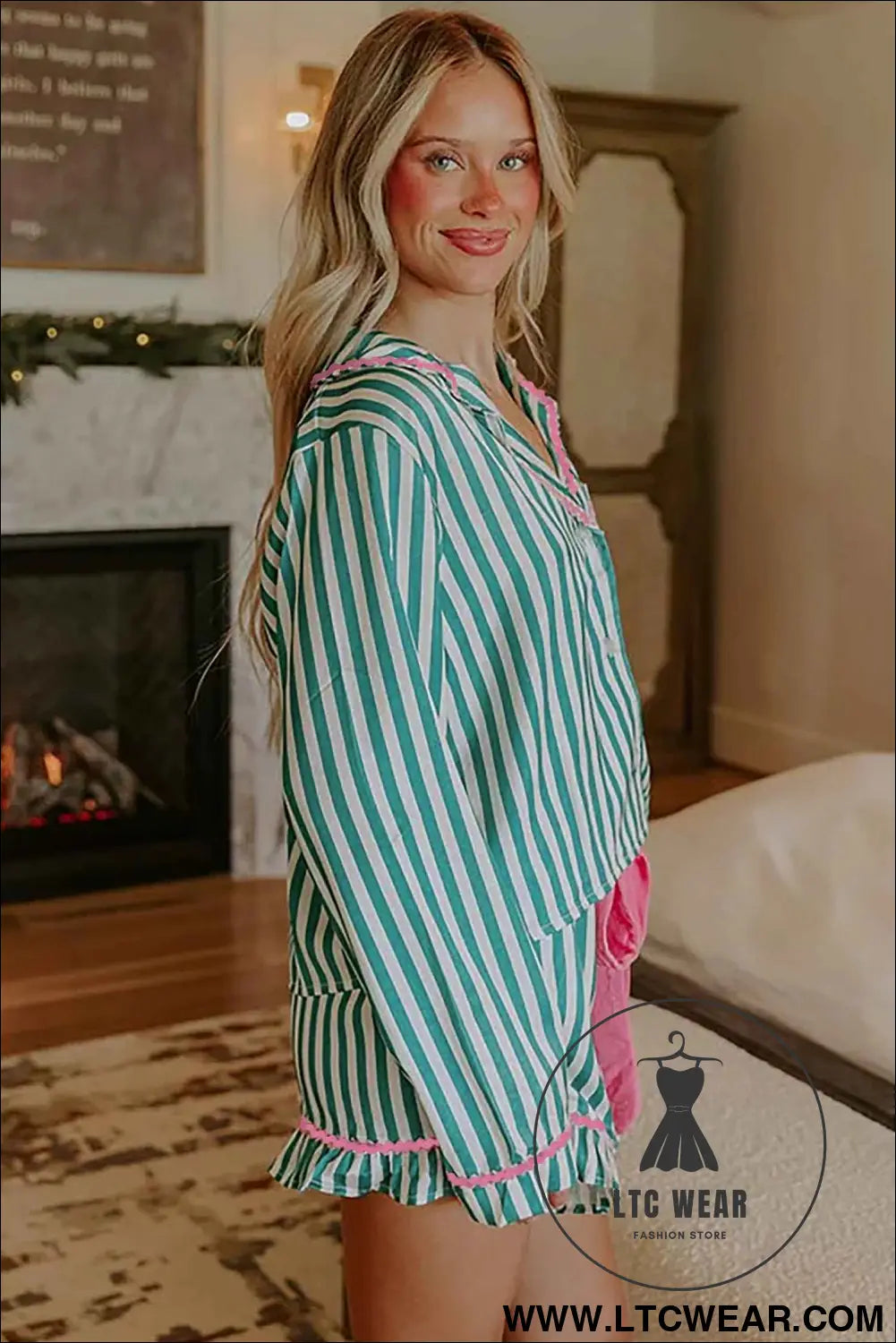 Green Stripe Contrast Ricrac Trim Long Sleeve Shirt Drawstring Ruffled Pajama Short Set