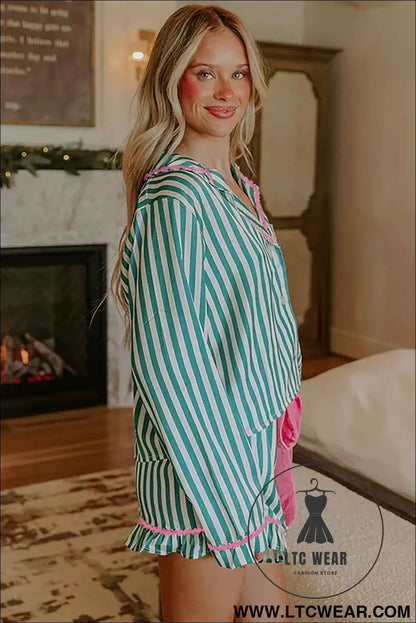 Green Stripe Contrast Ricrac Trim Long Sleeve Shirt Drawstring Ruffled Pajama Short Set