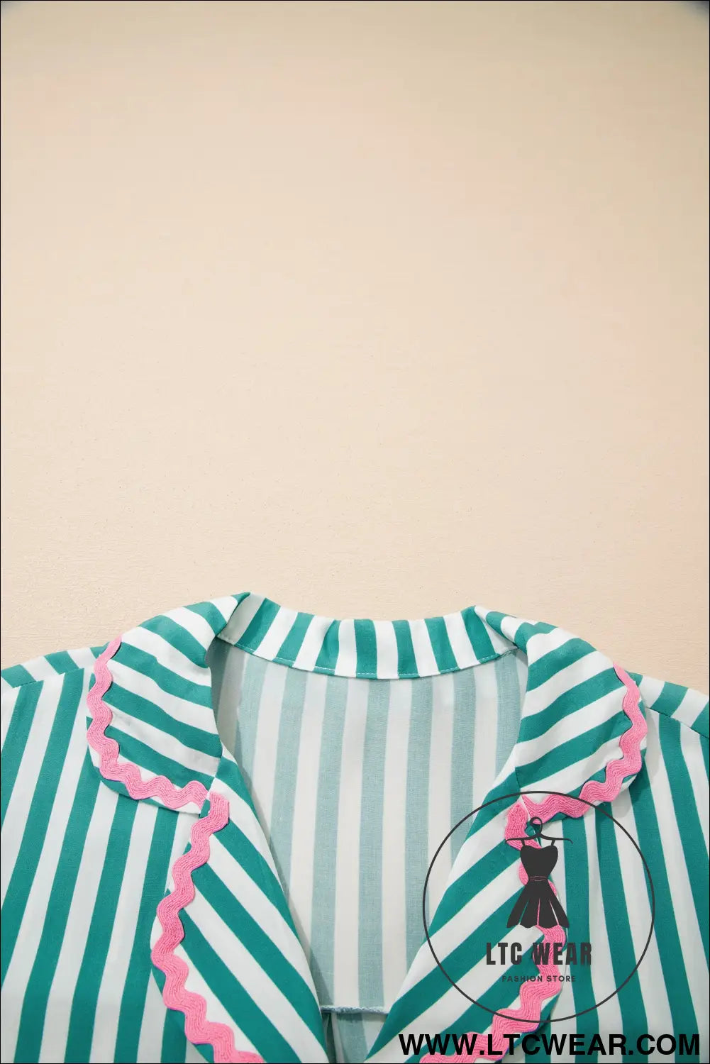Green Stripe Contrast Ricrac Trim Long Sleeve Shirt Drawstring Ruffled Pajama Short Set - L.T.C Wear Online Fashion Store