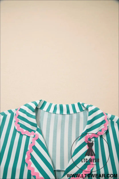 Green Stripe Contrast Ricrac Trim Long Sleeve Shirt Drawstring Ruffled Pajama Short Set - L.T.C Wear Online Fashion Store