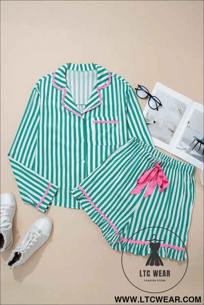 Green Stripe Contrast Ricrac Trim Long Sleeve Shirt Drawstring Ruffled Pajama Short Set - L.T.C Wear Online Fashion Store