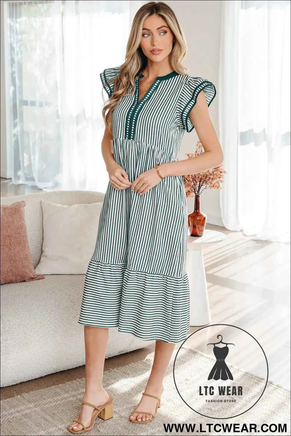 Green Stripe Double Ruffled Short Sleeve Contrast Trim V Neck Midi Dress