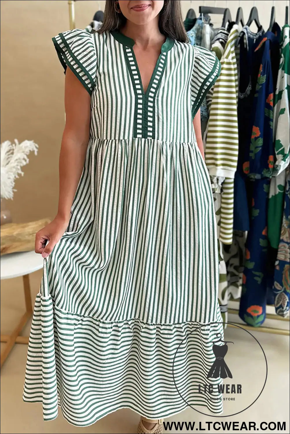 Green Stripe Double Ruffled Short Sleeve Contrast Trim V Neck Midi Dress - L.T.C Wear Online Fashion Store