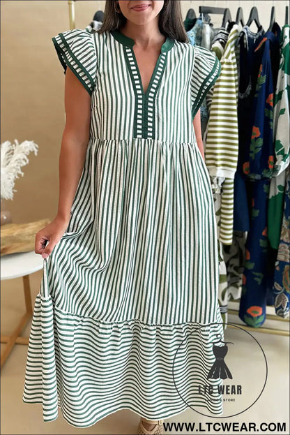 Green Stripe Double Ruffled Short Sleeve Contrast Trim V Neck Midi Dress - L.T.C Wear Online Fashion Store