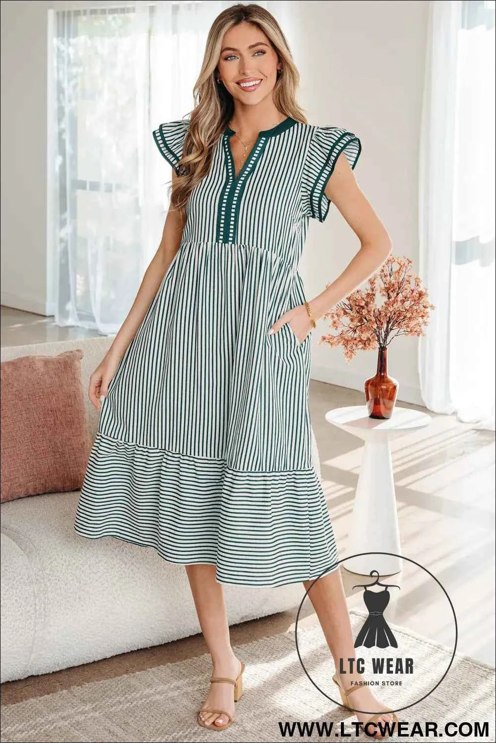 Green Stripe Double Ruffled Short Sleeve Contrast Trim V Neck Midi Dress