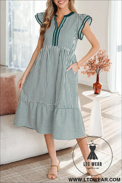 Green Stripe Double Ruffled Short Sleeve Contrast Trim V Neck Midi Dress - L.T.C Wear Online Fashion Store
