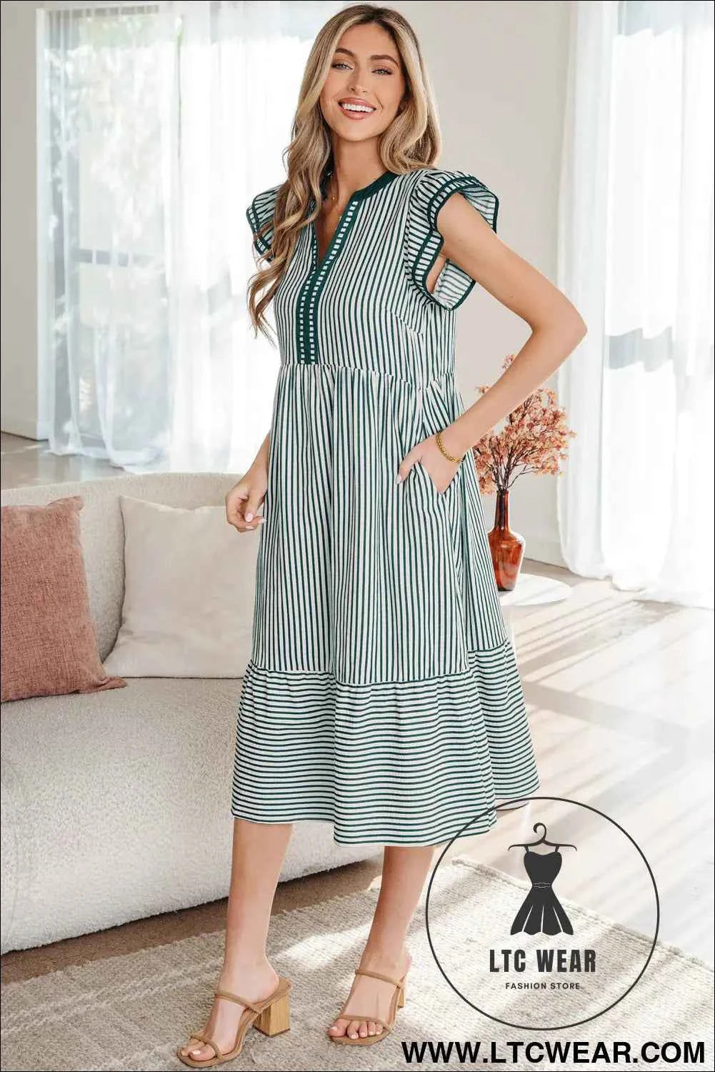 Green Stripe Double Ruffled Short Sleeve Contrast Trim V Neck Midi Dress